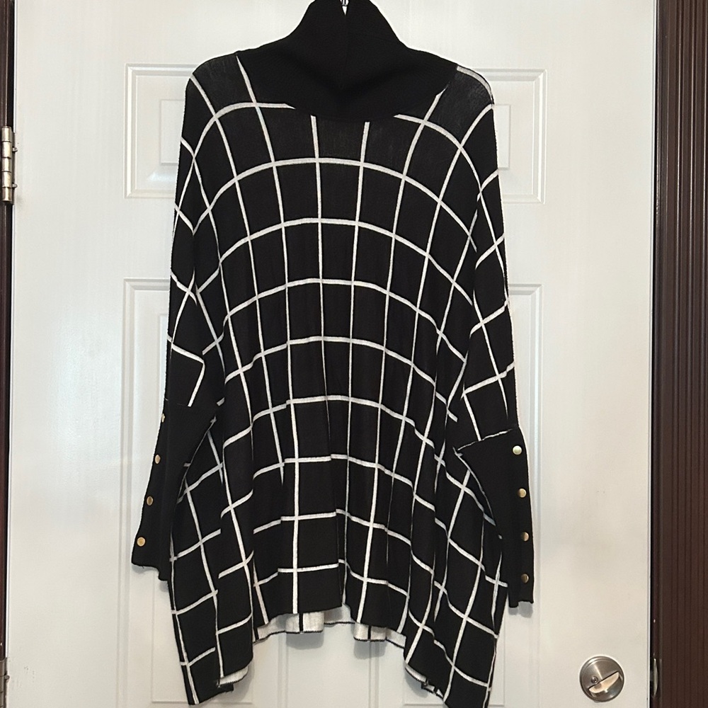 Joseph A Windowpane Oversized Turtleneck Sweater LG Black/White Raglan Loose Fit